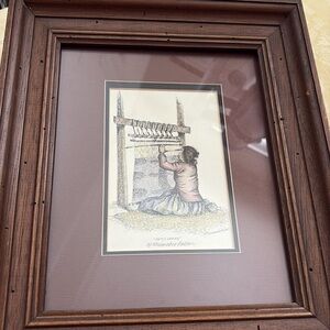 Framed Art Drawing of Weaver in Brown Frame
